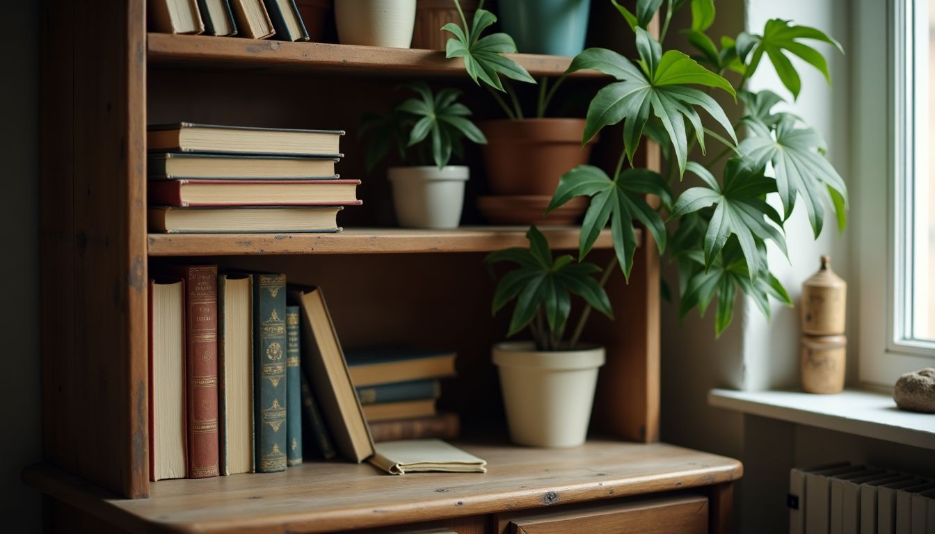 Ein gemütlicher Wohnzimmer-Eckbereich mit rustikalem Bücherregal und Pflanze.