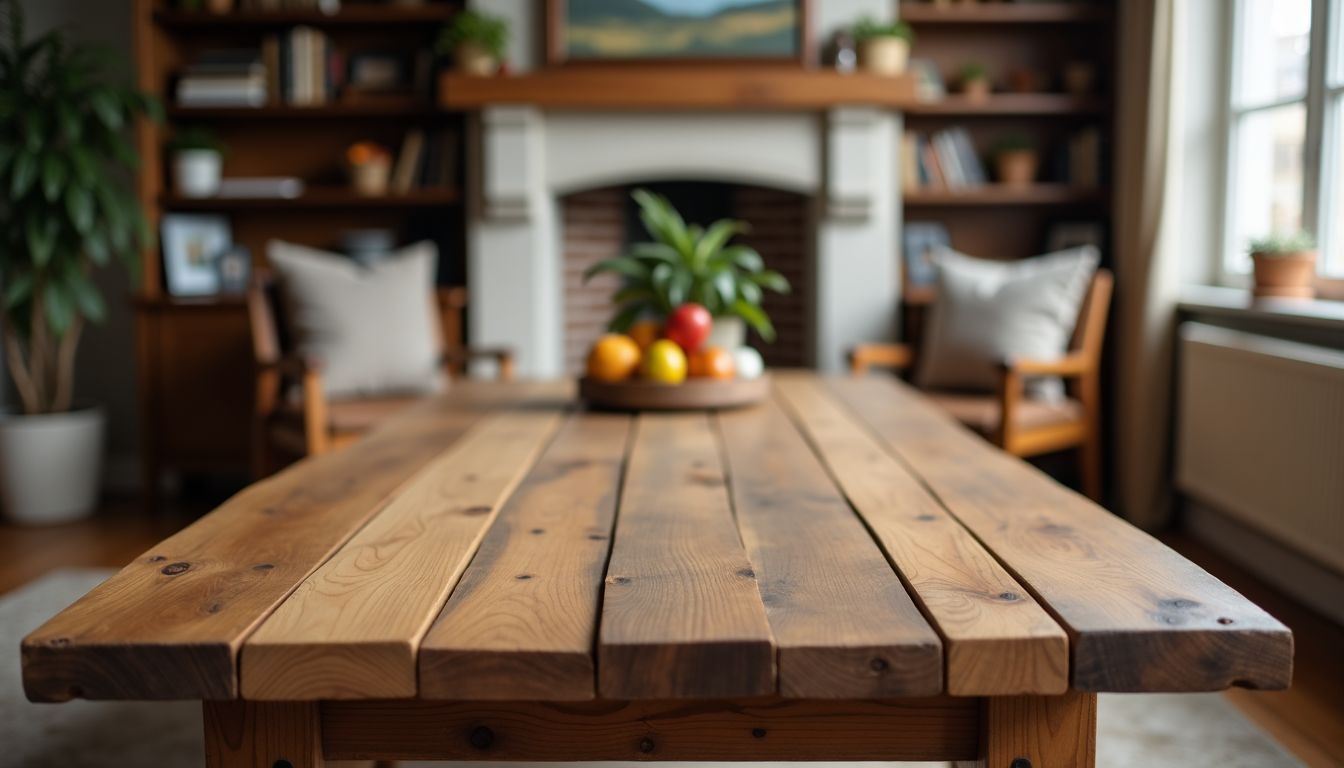 Ein rustikaler Holztisch in einem gemütlichen Wohnzimmer.