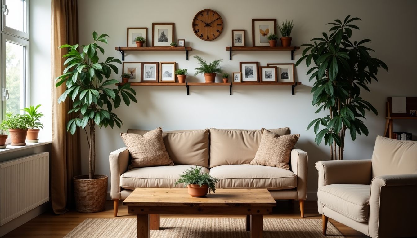 Ein gemütliches Wohnzimmer mit rustikalen Holzdekorationen und Pflanzen.