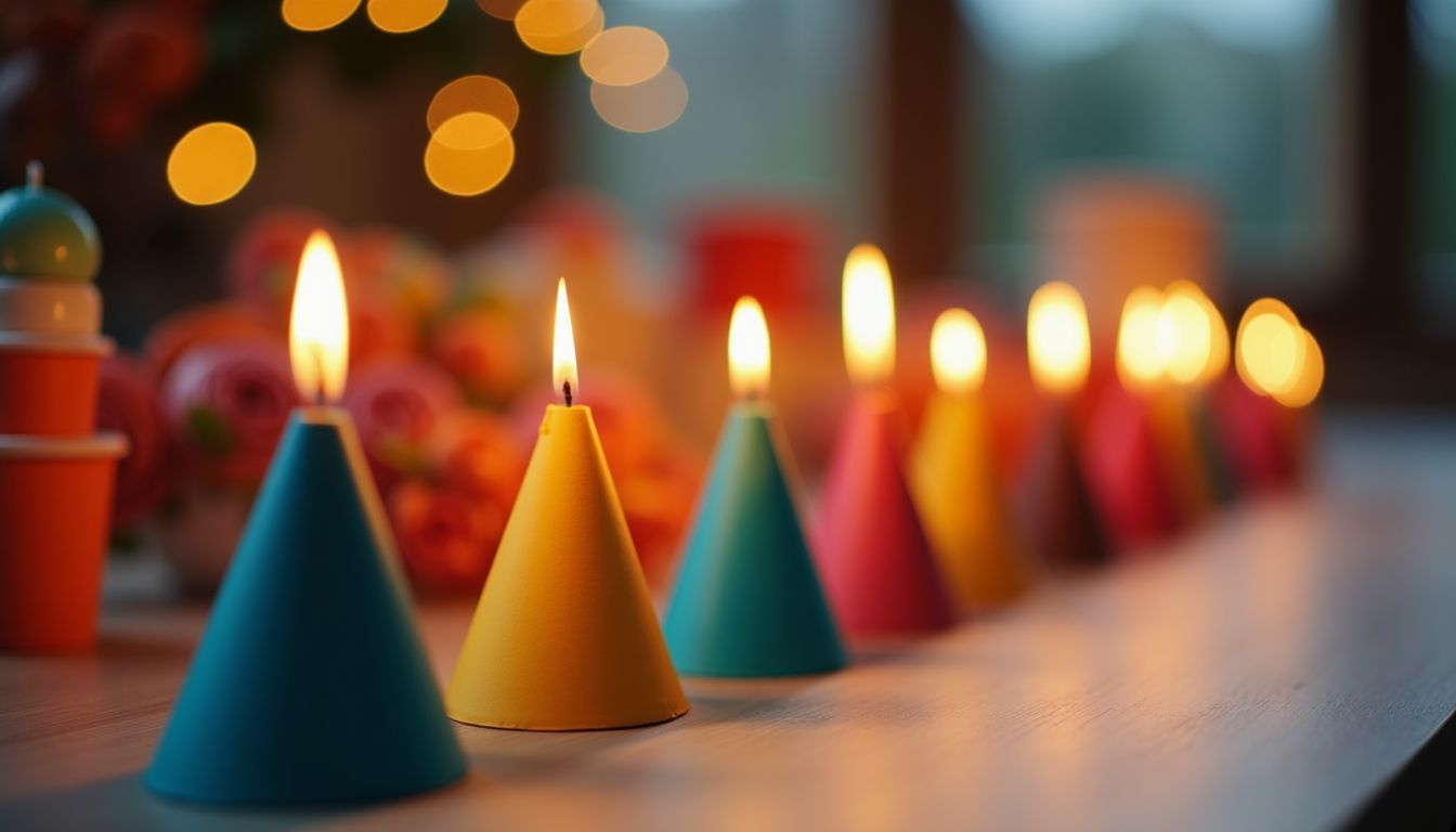 Bunte Papierkegel mit leuchtenden Kerzen schmücken einen festlichen Tisch. Bunte Papierkegel mit leuchtenden Kerzen schmücken einen festlichen Tisch.