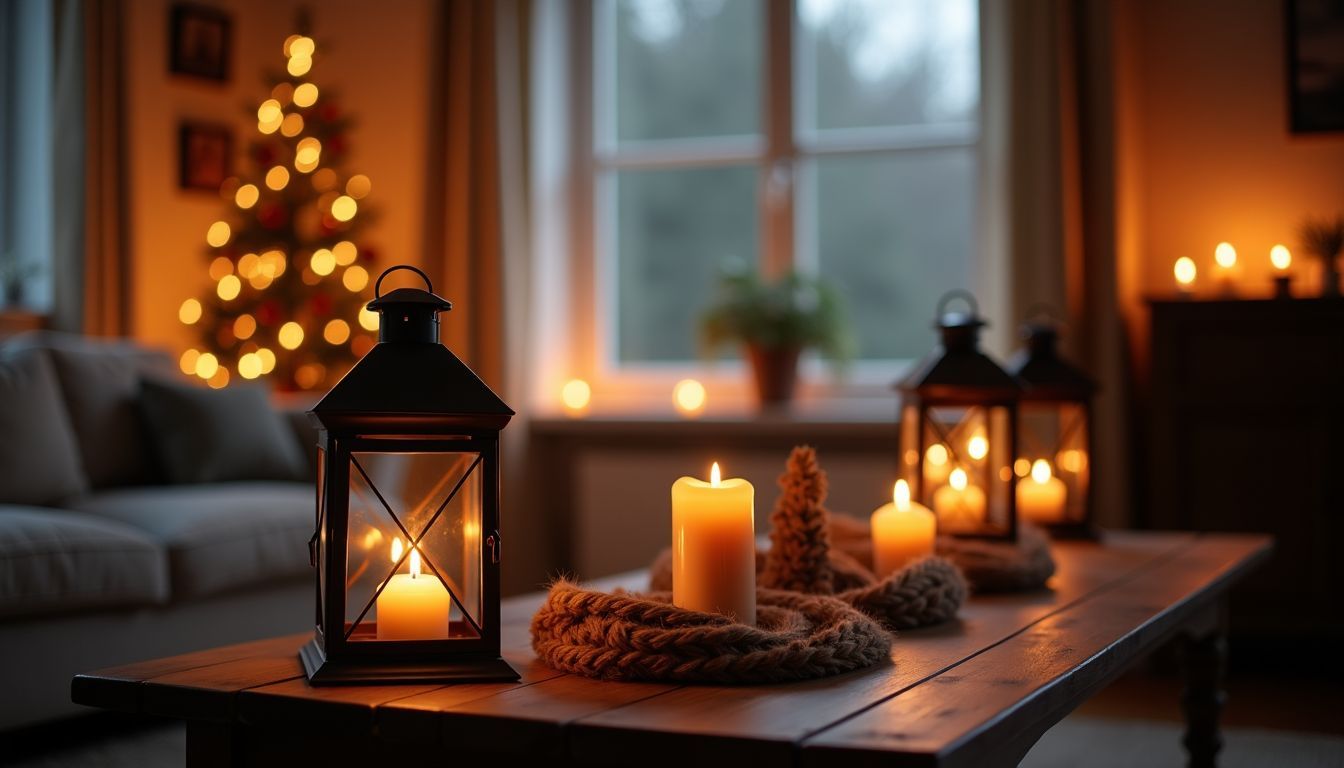 Ein gemütliches Wohnzimmer mit Kerzen und Laternen schafft eine einladende Atmosphäre. Ein gemütliches Wohnzimmer mit Kerzen und Laternen schafft eine einladende Atmosphäre.