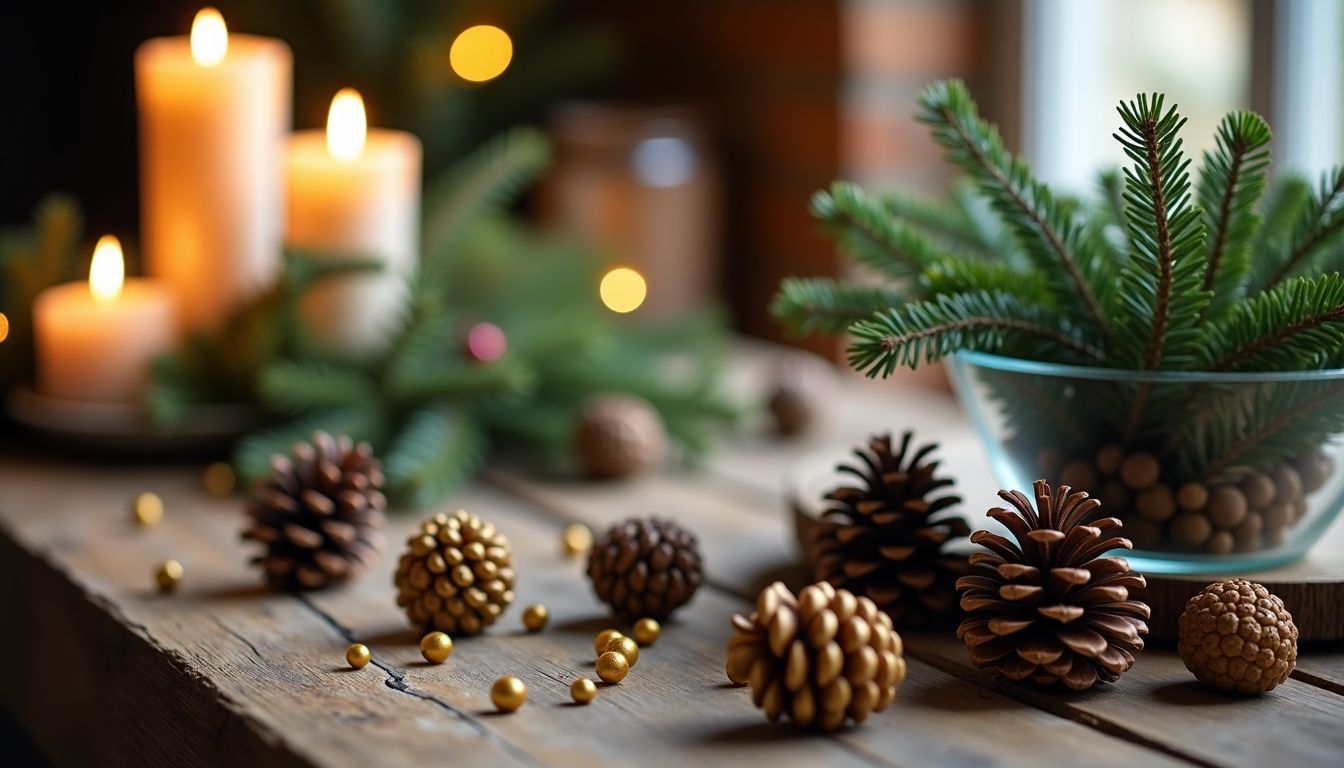 Ein rustikaler Holztisch mit Dekorationen aus Pinienzapfen, Kerzen und Tannenzweigen. Ein rustikaler Holztisch mit Dekorationen aus Pinienzapfen, Kerzen und Tannenzweigen.