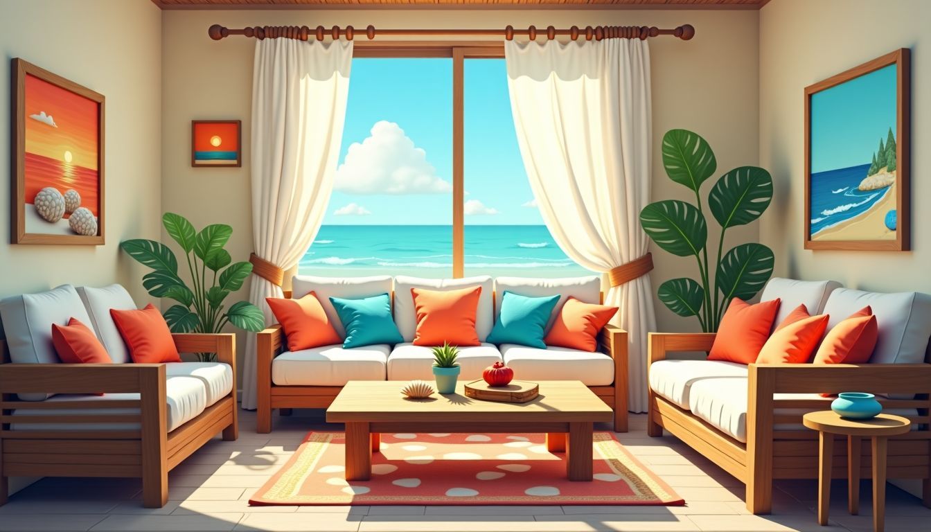 Gemütliches Wohnzimmer mit Strandthema und mediterraner Dekoration. Gemütliches Wohnzimmer mit Strandthema und mediterraner Dekoration.