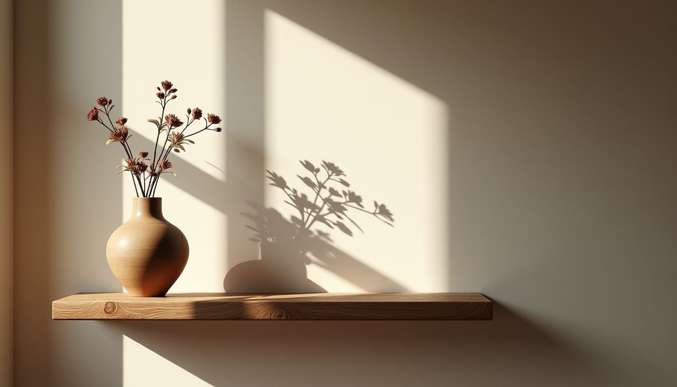 Ein gemütliches Wohnzimmer mit einer Designer-Vase auf einem rustikalen Regal.