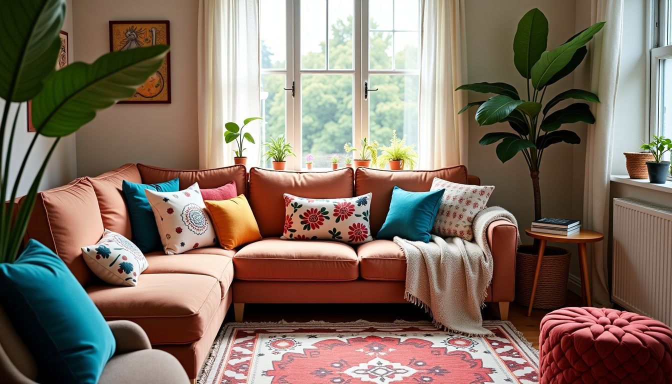 Ein gemütliches Wohnzimmer im Boho Chic-Stil mit harmonischen Mustern und Texturen.