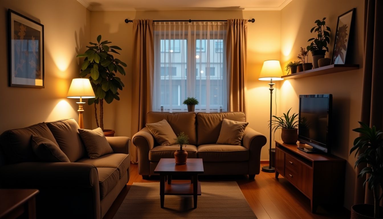 Ein gemütliches Wohnzimmer mit verschiedenen Lichtquellen und warmem Ambiente.