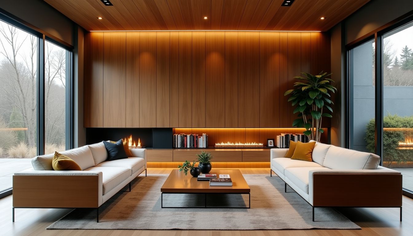 Ein modernes Wohnzimmer mit Holz-, Glas- und Metallmerkmalen, das stilvoll und einladend ist.