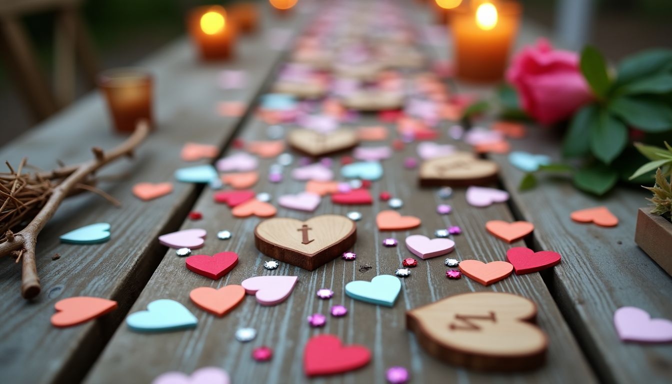 Eine rustikale Hochzeitstischdekoration mit buntem Konfetti und glänzenden Dekorationen.