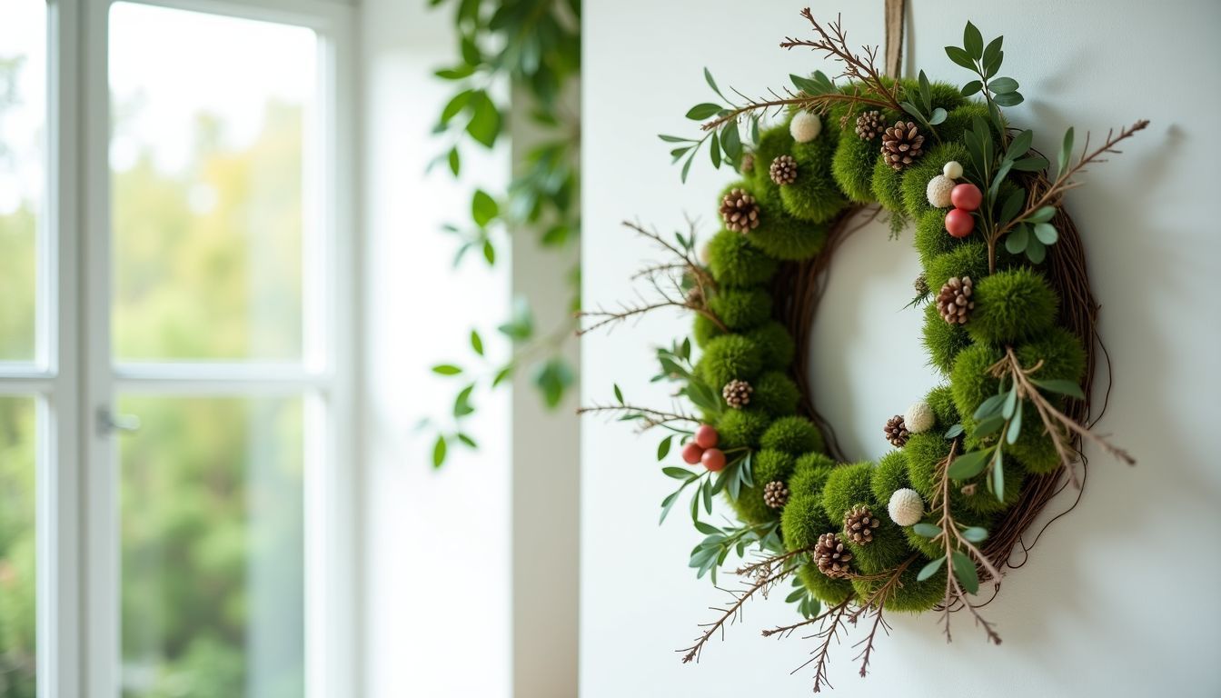 Ein natürlicher Kranz aus Moos, saisonalen Blumen und kleinen Zweigen hängt an einer weißen Wand.