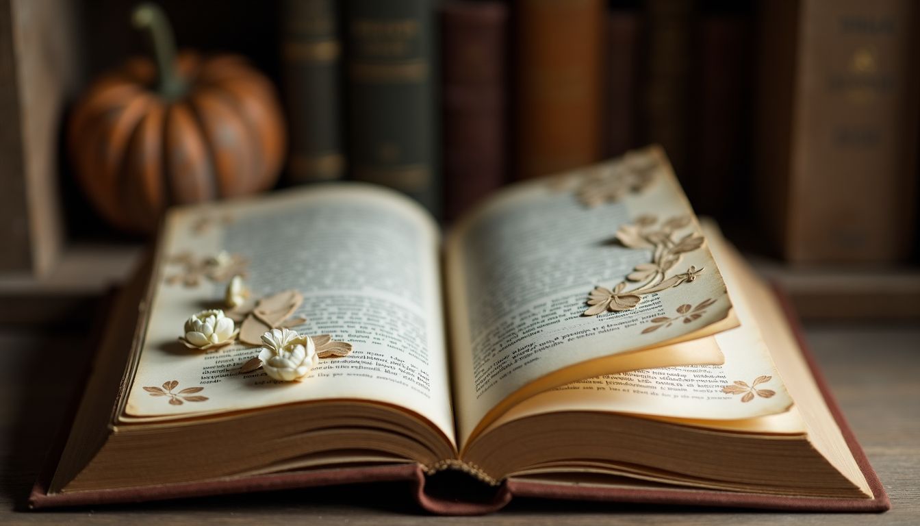 Ein altes Buch mit floralen Ausschnitten auf einem rustikalen Holzbücherregal.