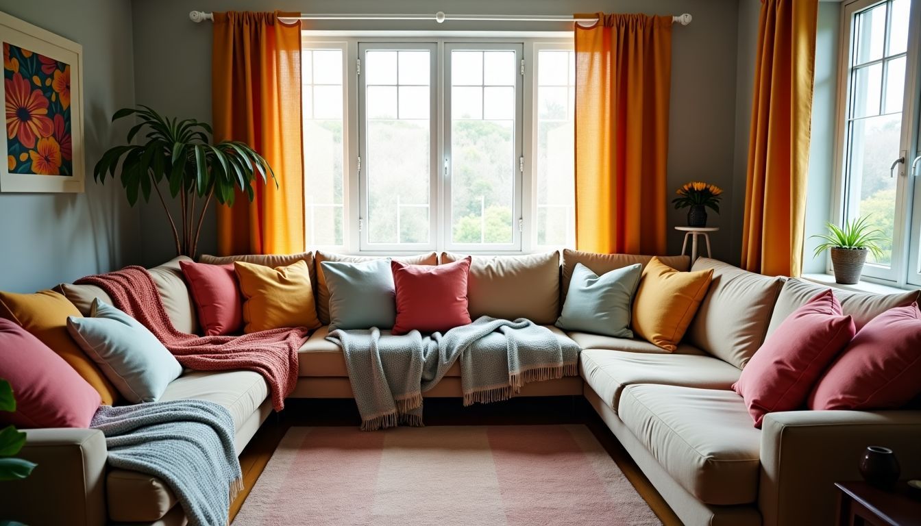 Ein gemütliches, farbenfrohes Wohnzimmer mit verschiedenen Kissen und Decken.