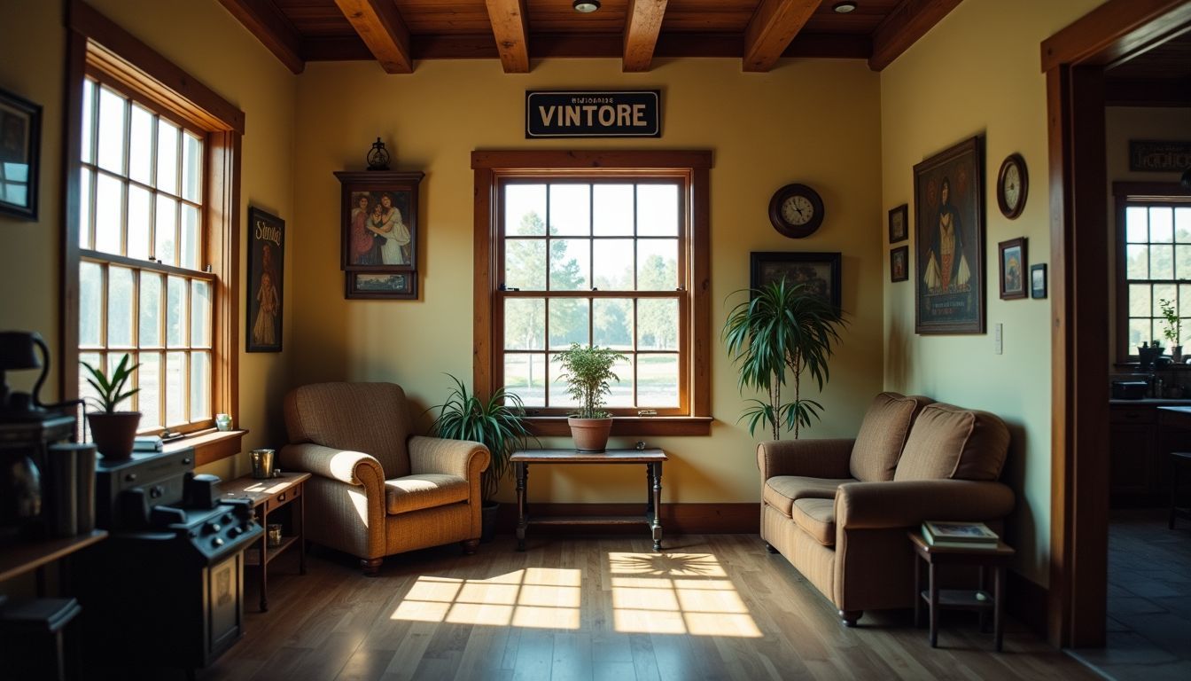 Ein gemütliches Wohnzimmer mit alten Fensterrahmen und Vintage-Metallschildern an den Wänden.