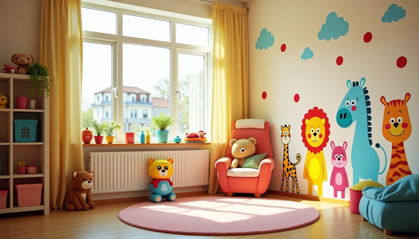Ein fröhliches Kinderzimmer mit bunten Wandstickern und Spielzeug.