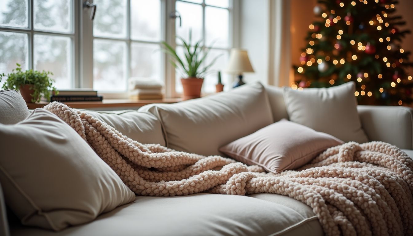 Gemütliches Wohnzimmer mit weichen Textilien und winterlicher Atmosphäre. Gemütliches Wohnzimmer mit weichen Textilien und winterlicher Atmosphäre.