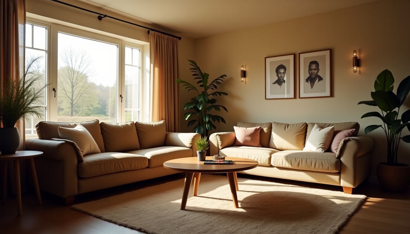 Einladendes Wohnzimmer mit warmem natürlichen Licht und gemütlicher Atmosphäre. Einladendes Wohnzimmer mit warmem natürlichen Licht und gemütlicher Atmosphäre.