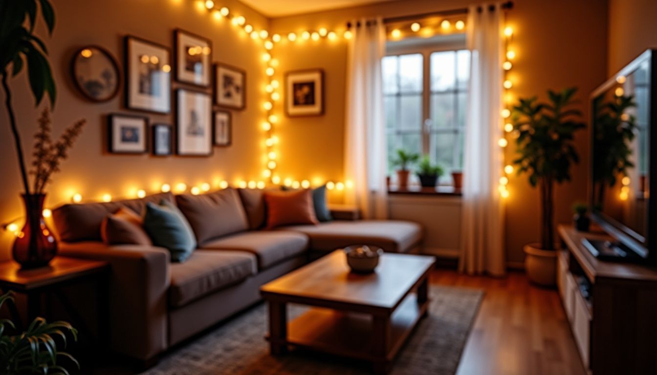 Gemütliches Wohnzimmer mit sanfter Beleuchtung und warmen Farbtönen. Gemütliches Wohnzimmer mit sanfter Beleuchtung und warmen Farbtönen.