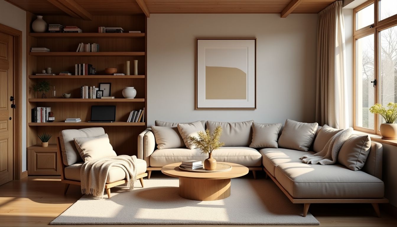 Gemütliches Wohnzimmer für Entspannung mit warmen Holzakzenten und weichen Decken. Gemütliches Wohnzimmer für Entspannung mit warmen Holzakzenten und weichen Decken.