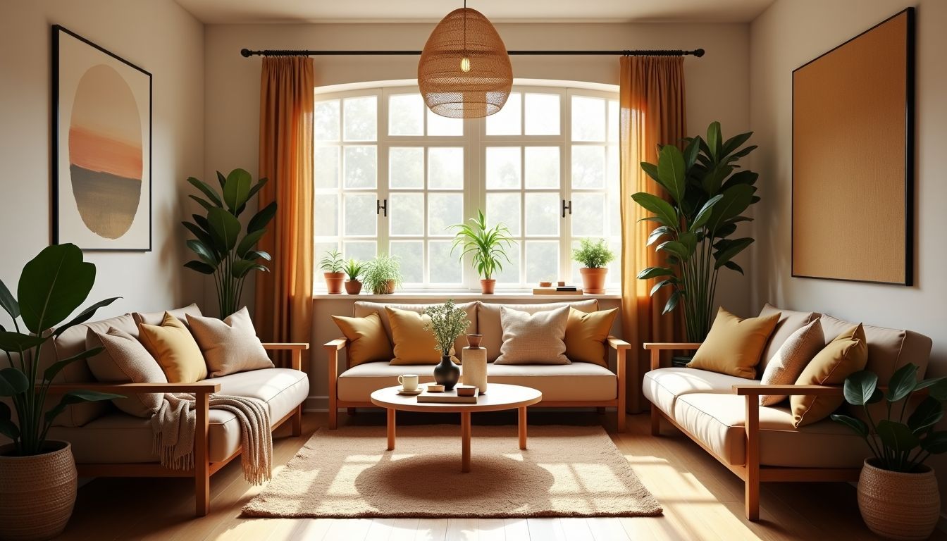 Ein gemütliches Boho-Chic Wohnzimmer mit Holzmöbeln und warmen Erdtönen. Ein gemütliches Boho-Chic Wohnzimmer mit Holzmöbeln und warmen Erdtönen.