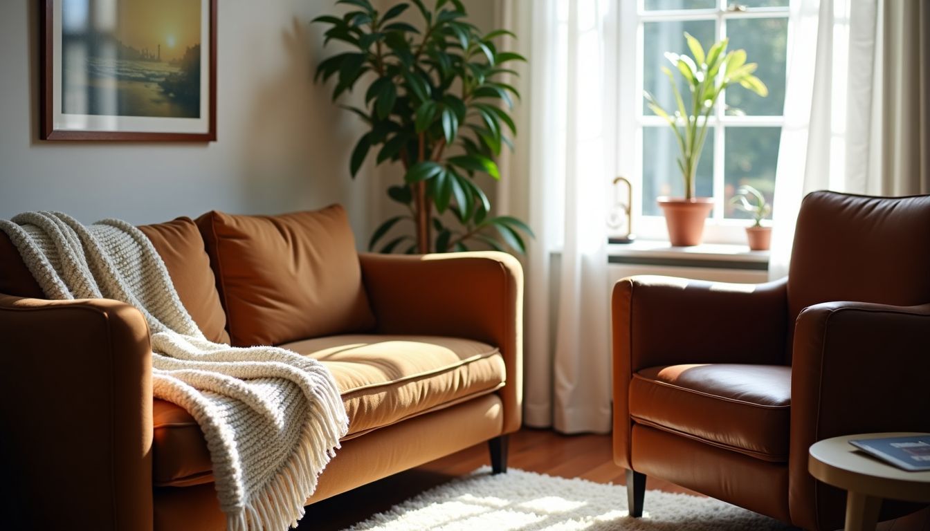 Ein gemütliches Wohnzimmer mit verschiedenen Textilien und Materialien.