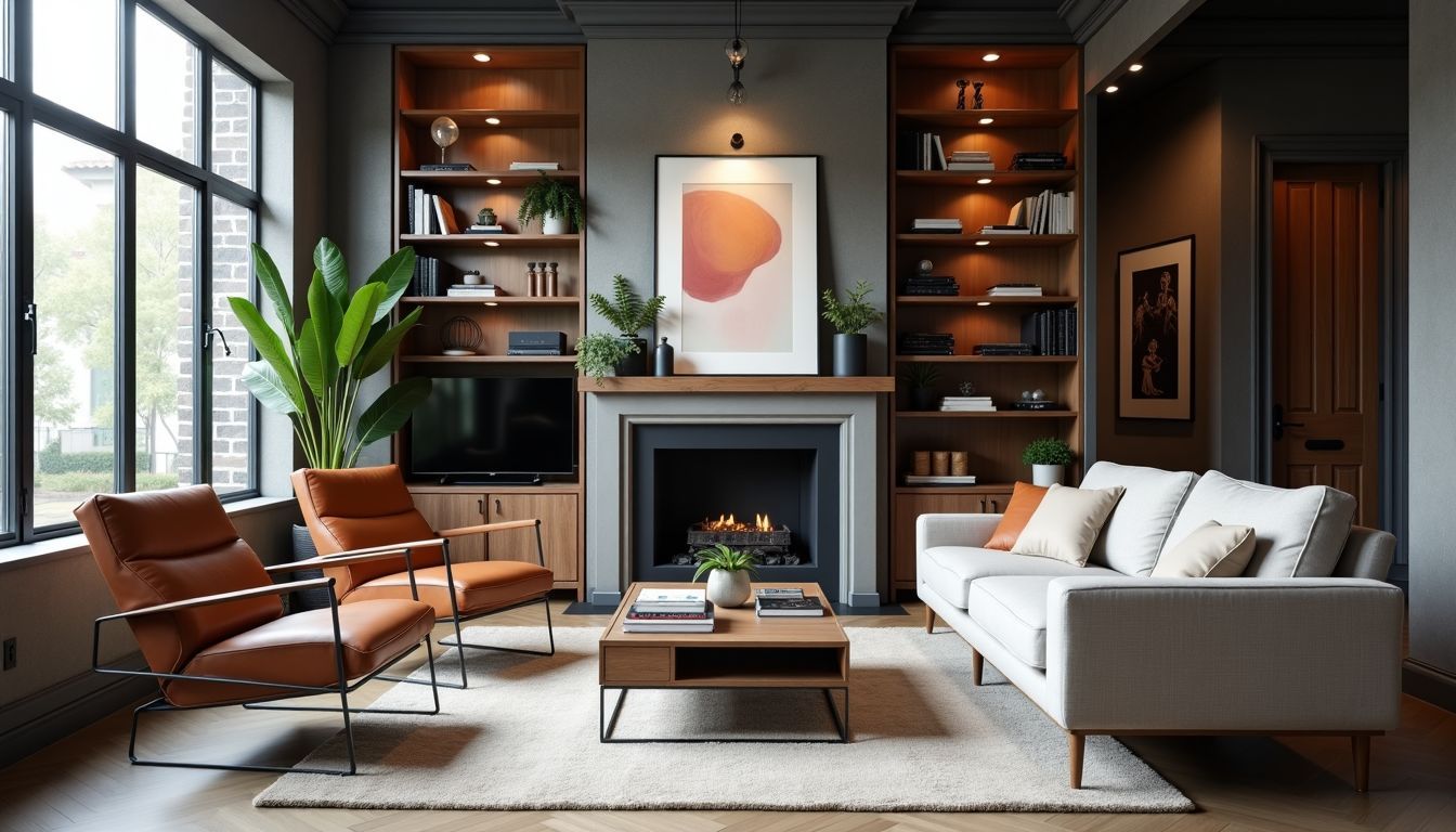 Ein modernes Wohnzimmer im industriellen Stil mit Metall- und Holzmöbeln. Ein modernes Wohnzimmer im industriellen Stil mit Metall- und Holzmöbeln.