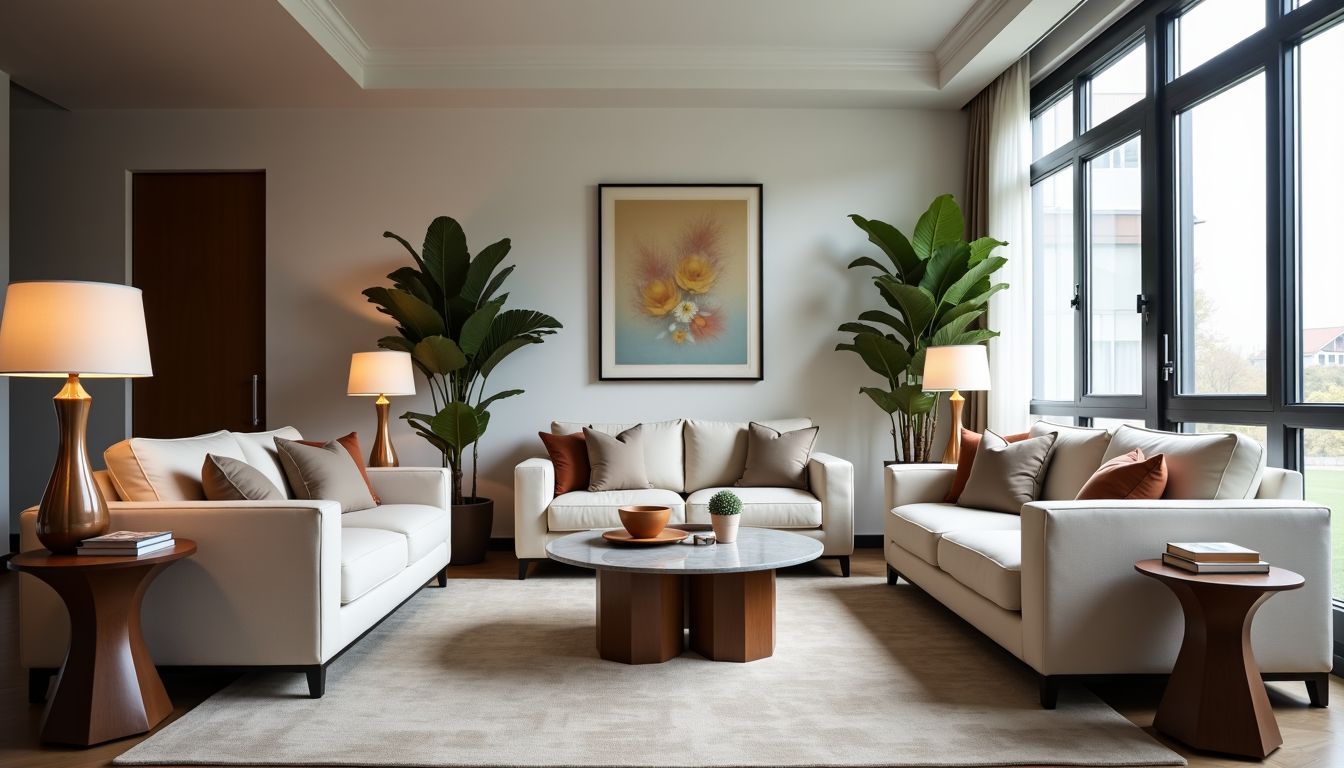 Ein stilvolles Wohnzimmer mit modernen Möbeln und dekorativen Accessoires. Ein stilvolles Wohnzimmer mit modernen Möbeln und dekorativen Accessoires.
