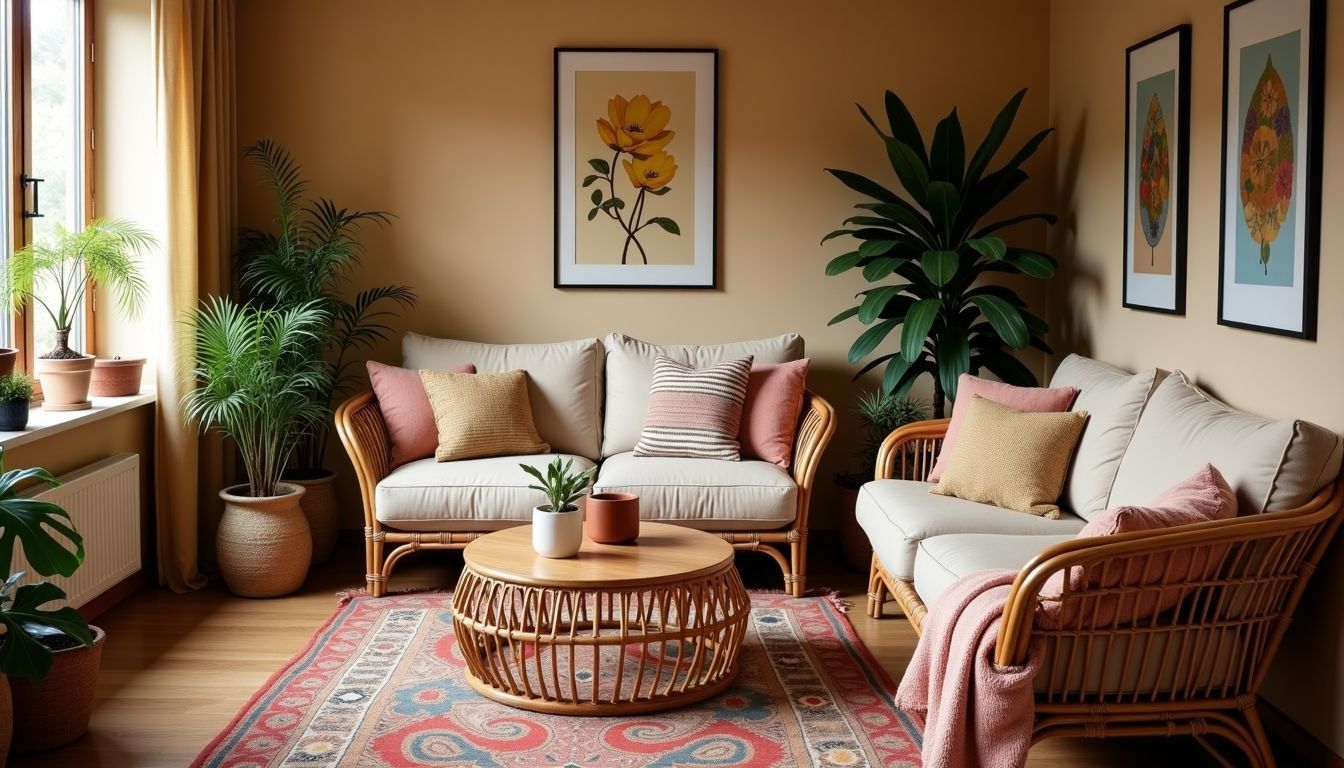 Ein gemütliches Wohnzimmer im Bohemian-Stil mit handgefertigten Möbeln und farbenfrohen Teppichen. Ein gemütliches Wohnzimmer im Bohemian-Stil mit handgefertigten Möbeln und farbenfrohen Teppichen.