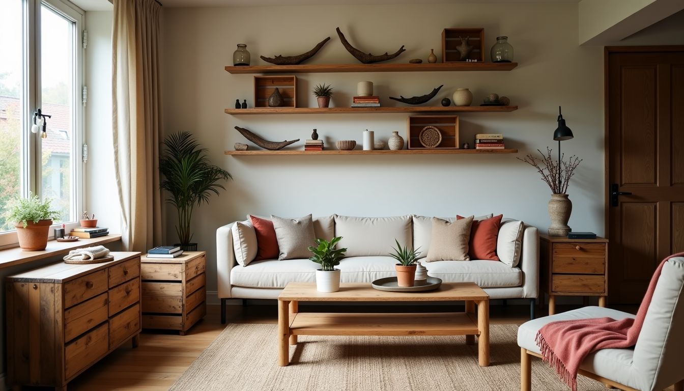 Ein gemütliches Wohnzimmer mit nachhaltigen Holzmöbeln und rustikaler Dekoration.