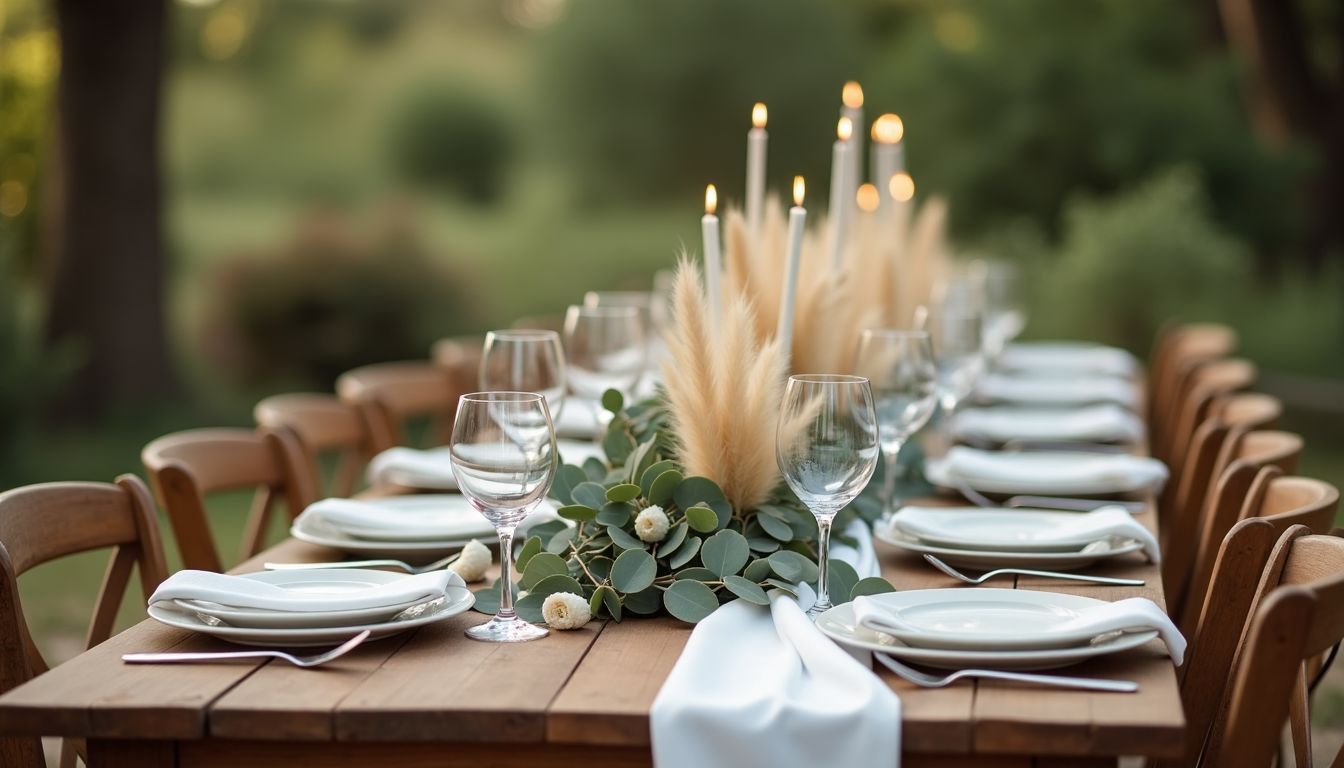 Eine rustikale Hochzeitstischdekoration mit natürlichen Elementen in warmen Farbtönen.