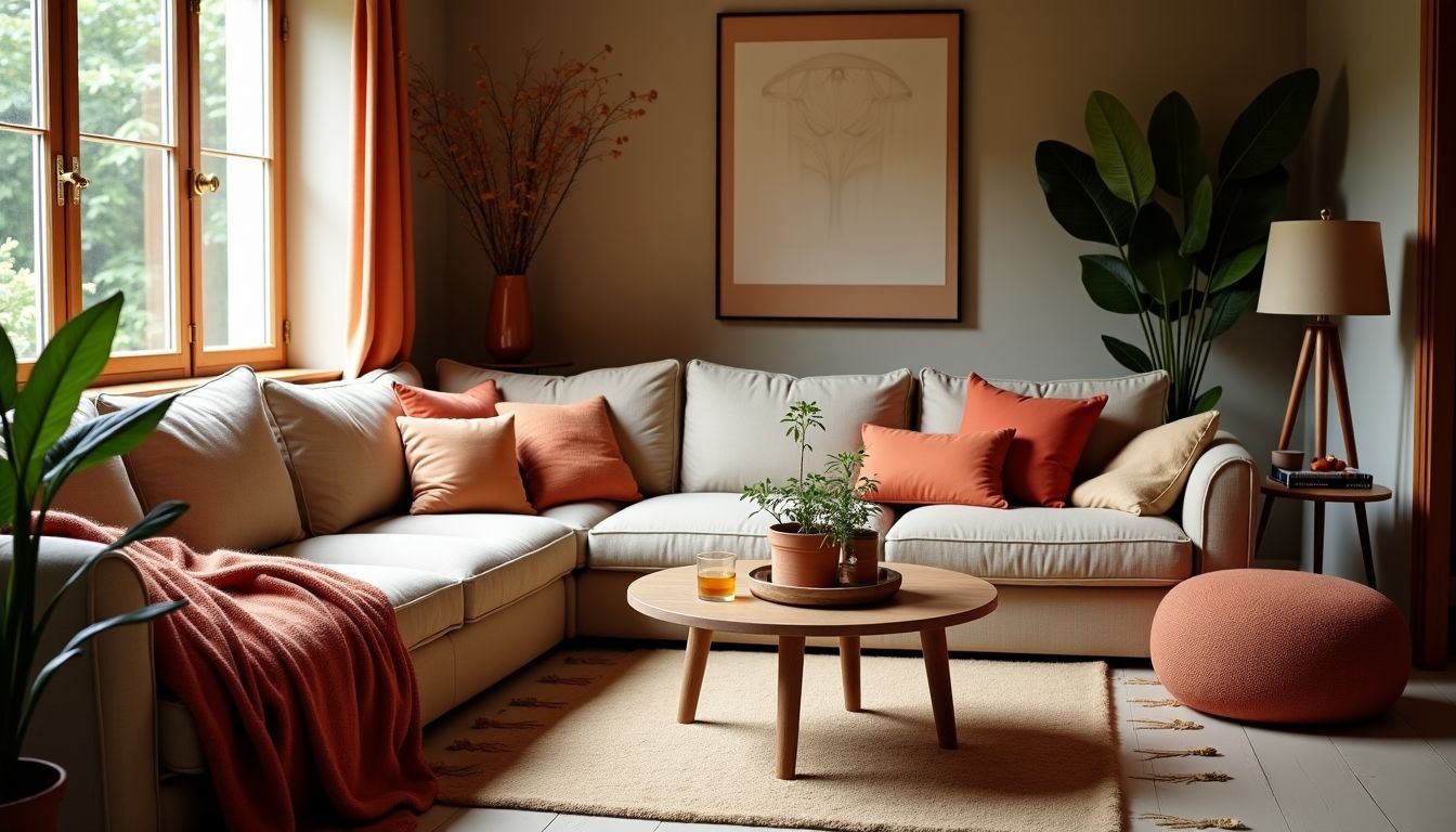 Gemütliches Wohnzimmer mit natürlicher Beleuchtung und warmen Farben.