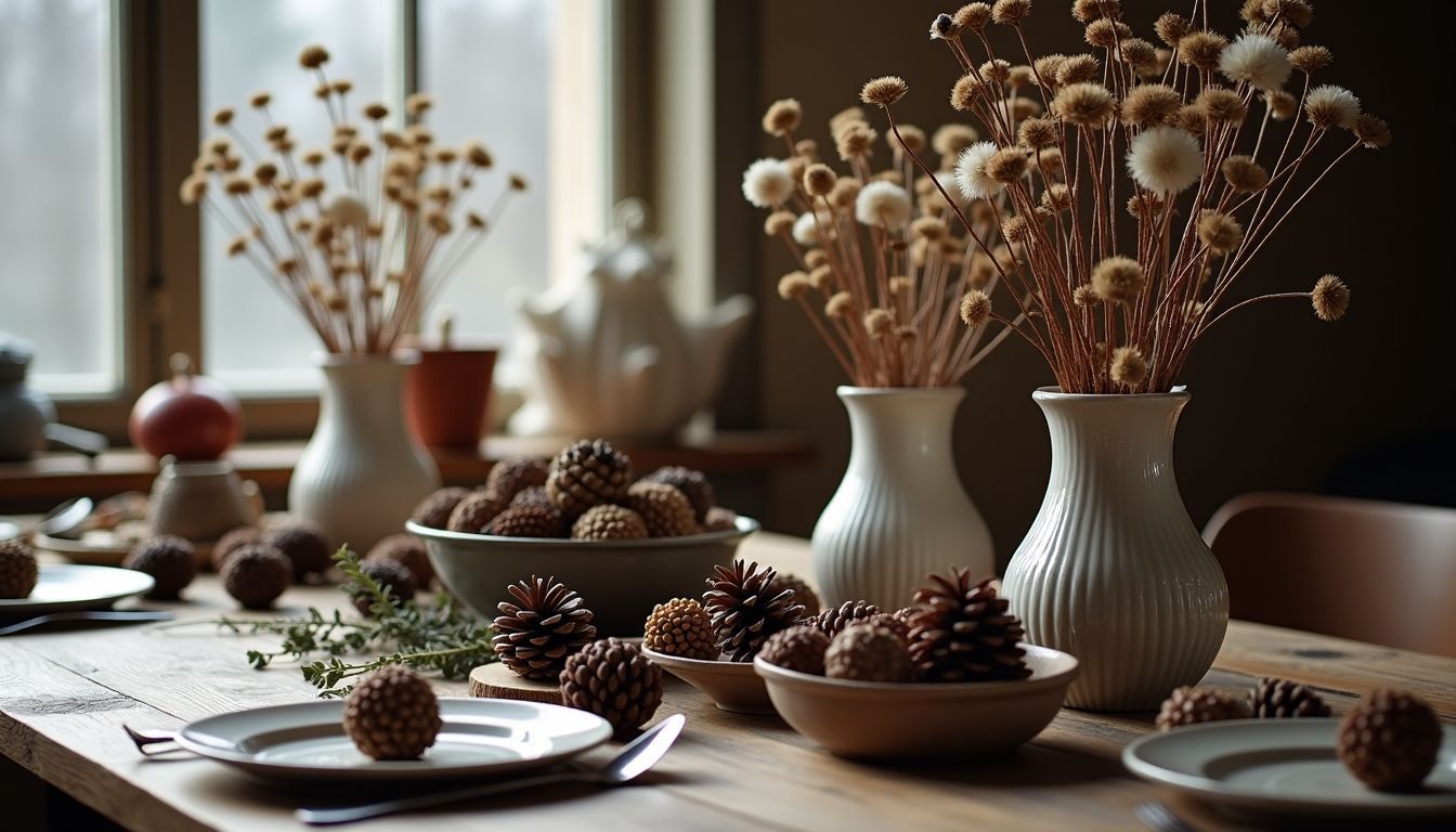 Eine rustikale Holztischdekoration mit winterlichen Naturmaterialien. Eine rustikale Holztischdekoration mit winterlichen Naturmaterialien.