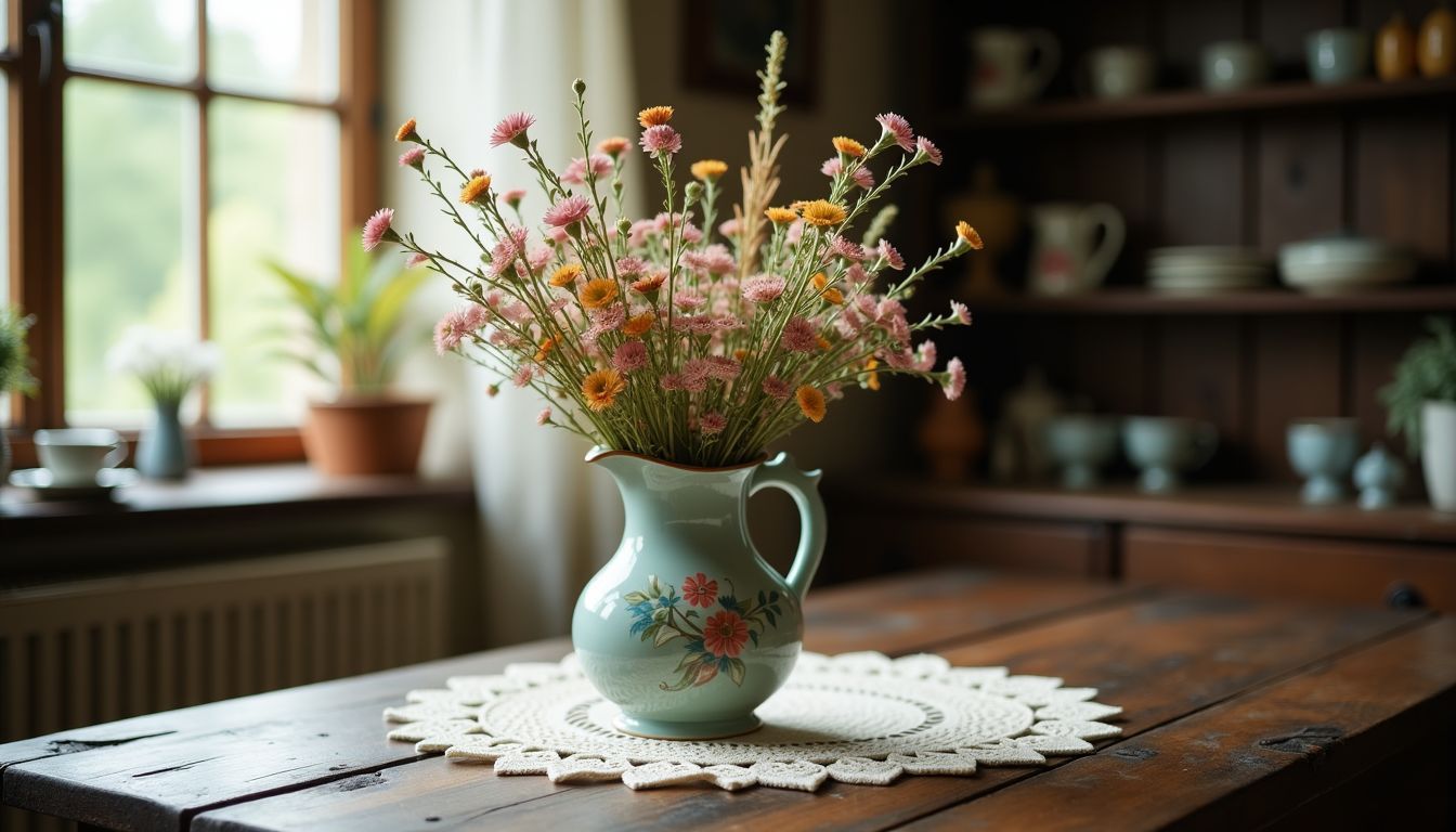 Eine Vintage-Vase mit Wildblumen steht auf einem rustikalen Tisch.