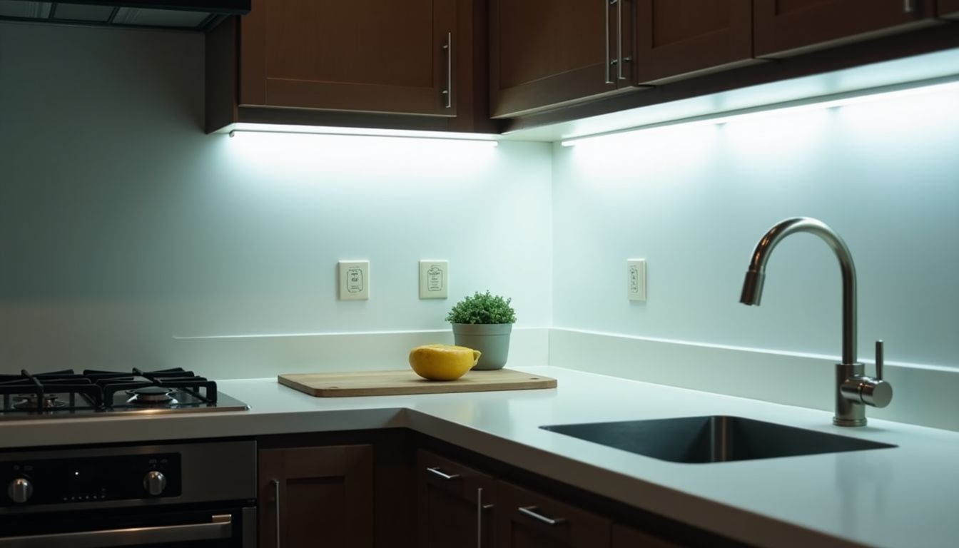 Eine helle Küchenarbeitsplatte mit LED-Streifenbeleuchtung und Kochutensilien. Eine helle Küchenarbeitsplatte mit LED-Streifenbeleuchtung und Kochutensilien.