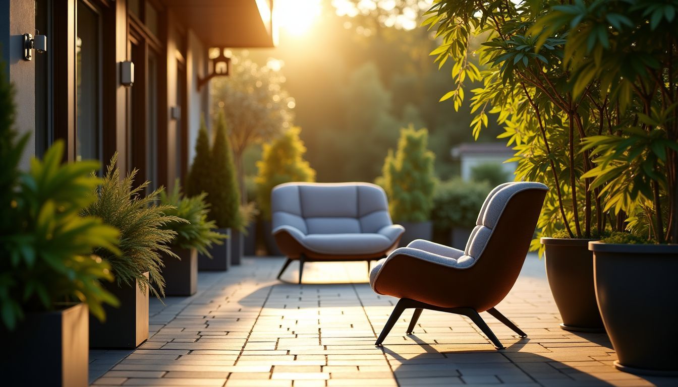 Ein moderner Außenbereich mit zeitgenössischen Möbeln und grünen Pflanzen.
