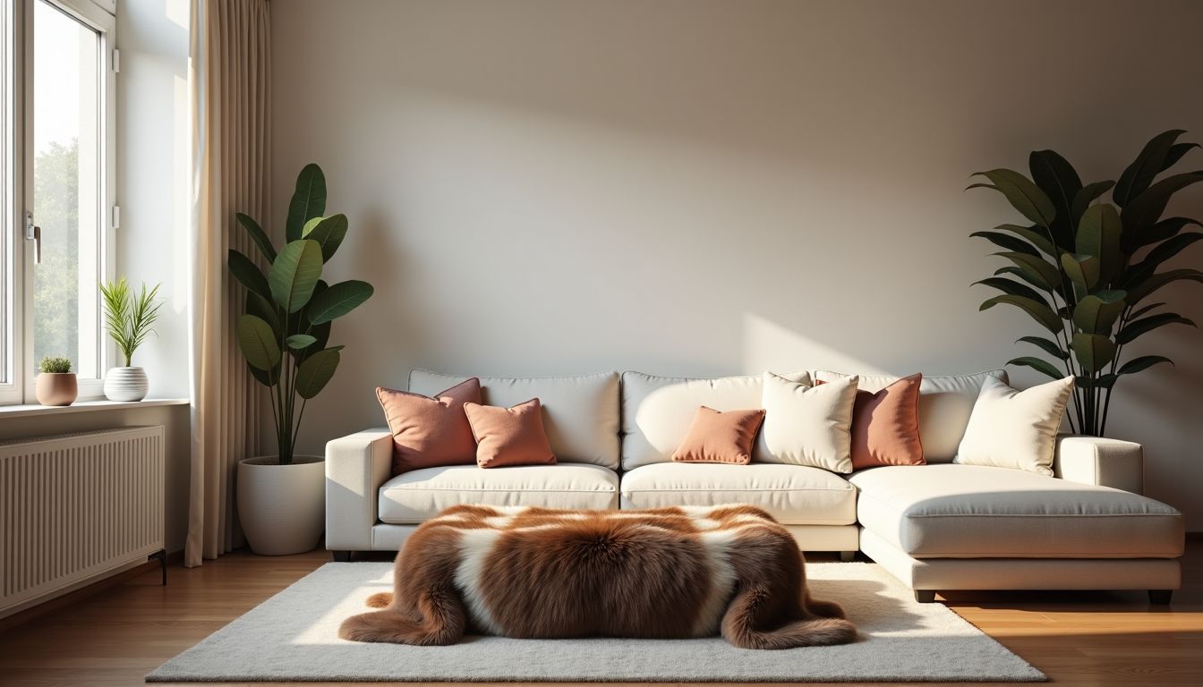 Gemütliches Wohnzimmer mit minimaler Dekoration und Felloptik.