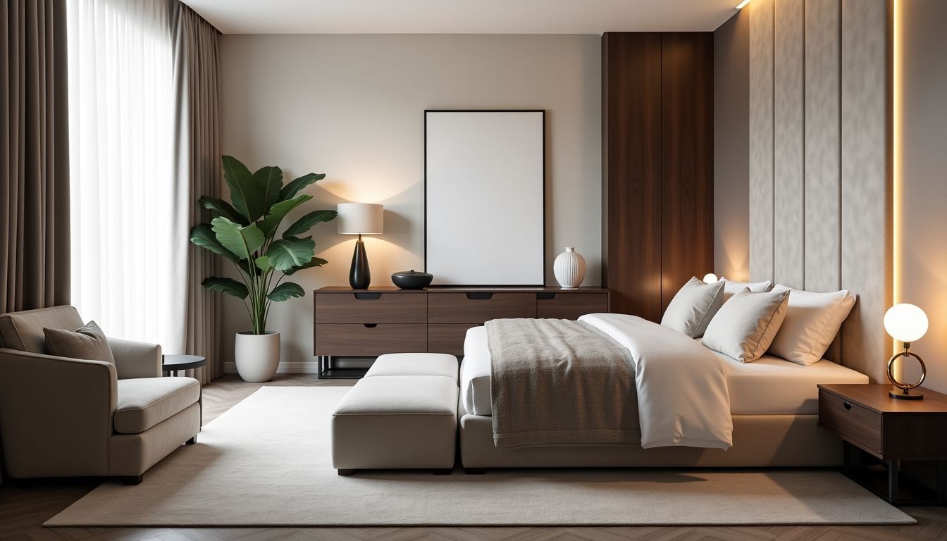 Ein modernes Luxus-Schlafzimmer mit stilvollen Möbeln und eleganten Texturen.