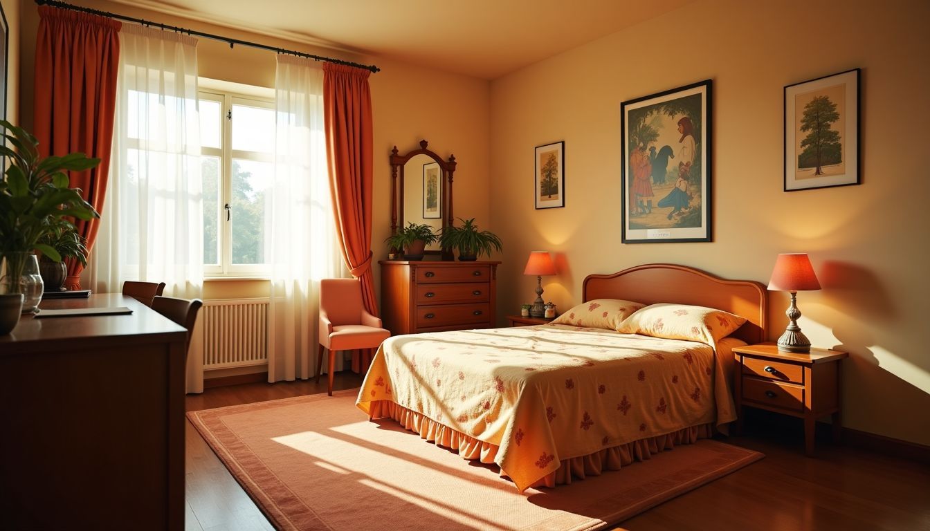 Ein gemütliches Retro-Schlafzimmer mit warmer Farbpalette und nostalgischen Mustern.