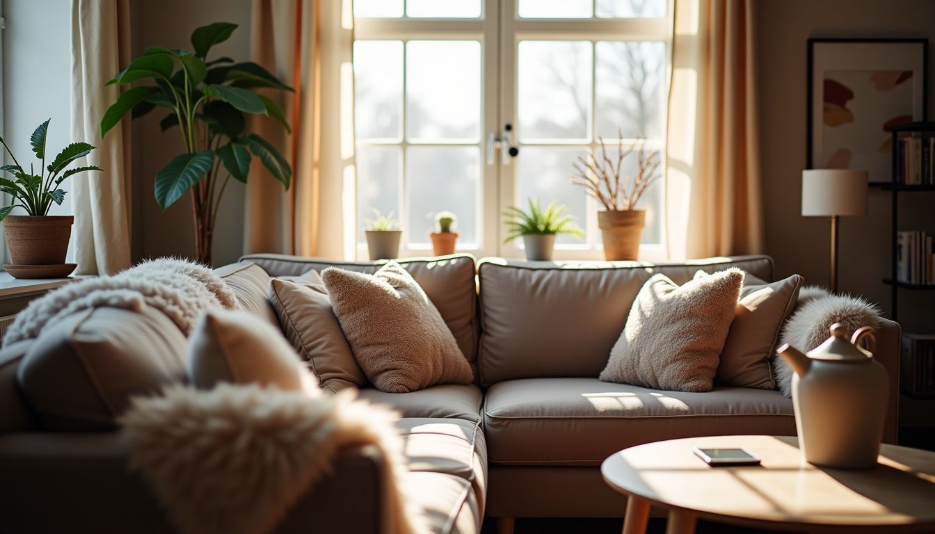 Ein gemütliches Wohnzimmer mit warmen Fellaccessoires und natürlichem Licht.