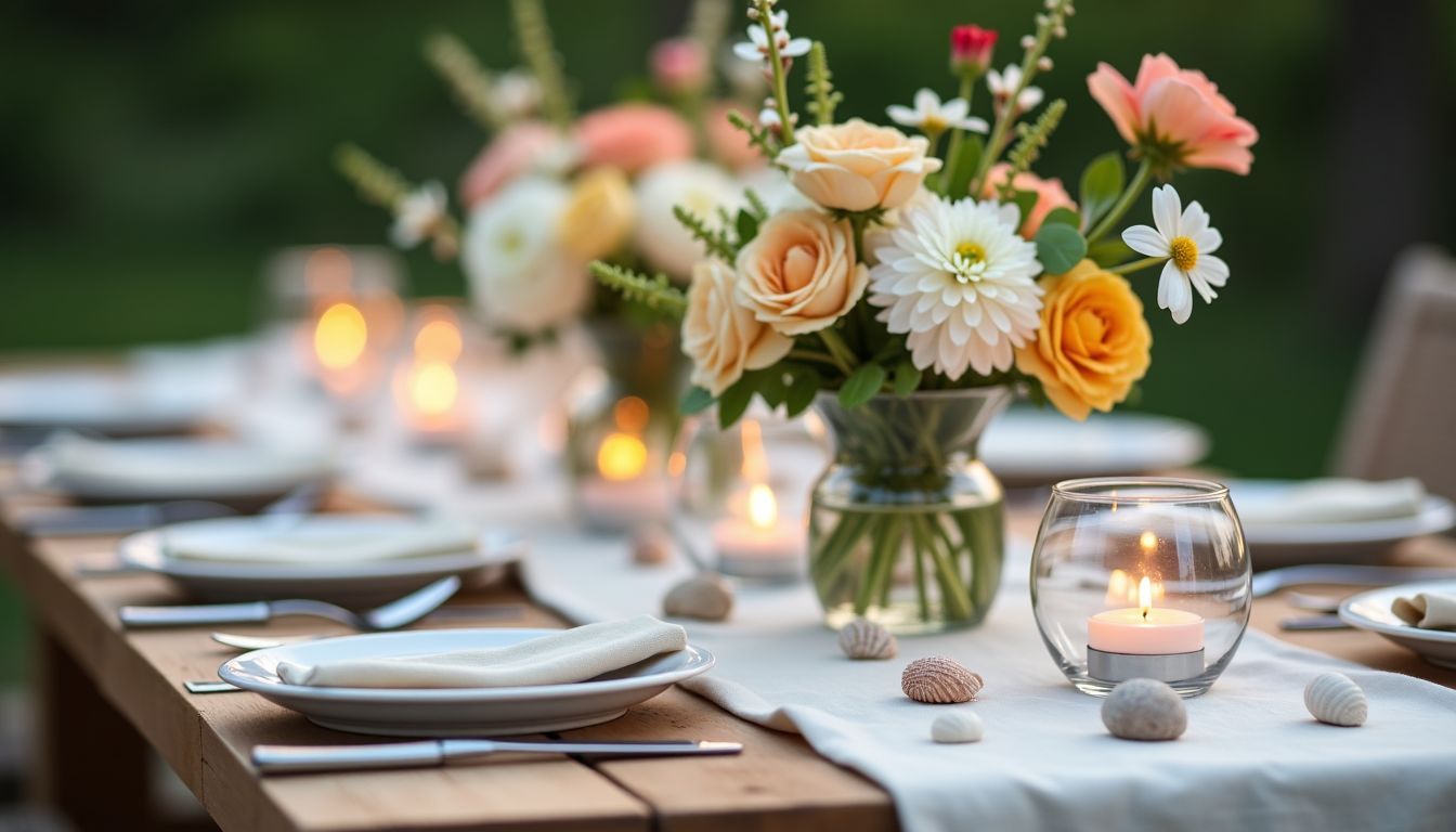 Eine sommerliche Tischdeko mit Blumen, Muscheln und Kerzen. Eine sommerliche Tischdeko mit Blumen, Muscheln und Kerzen.