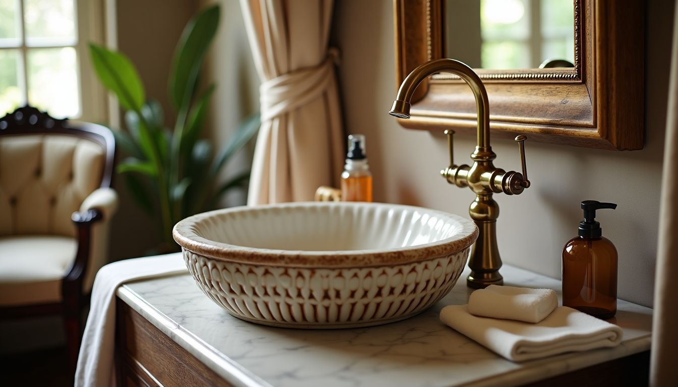 Ein luxuriöses Badezimmer mit eleganten Möbeln und einzigartigen Gegenständen.