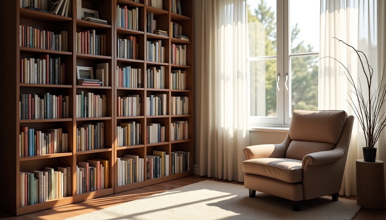 Ein stilvolles Bücherregal in einem gemütlichen Wohnzimmer.