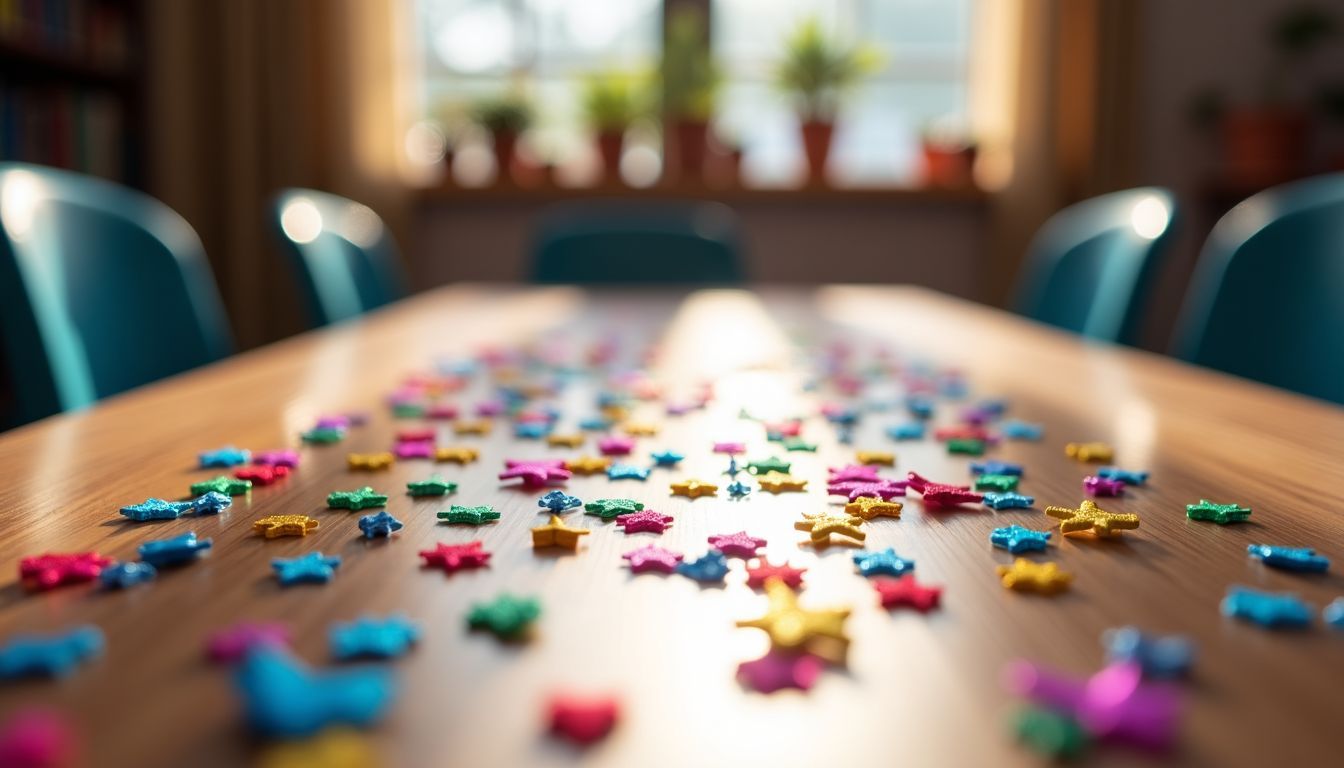 Ein bunt geschmückter Schultisch ohne Personen, mit festlichen Dekorationen. Ein bunt geschmückter Schultisch ohne Personen, mit festlichen Dekorationen.