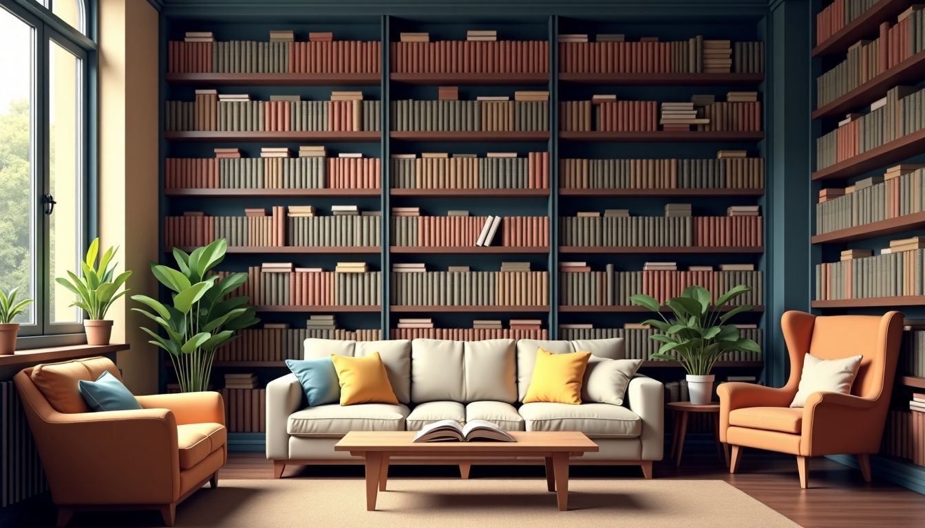 Ein gemütliches Wohnzimmer mit einer vielfältigen Büchersammlung und bequemen Möbeln.