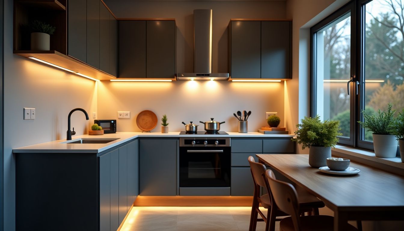 Eine moderne, gut beleuchtete Küche mit gemütlicher Atmosphäre und funktionaler Einrichtung. Eine moderne, gut beleuchtete Küche mit gemütlicher Atmosphäre und funktionaler Einrichtung.