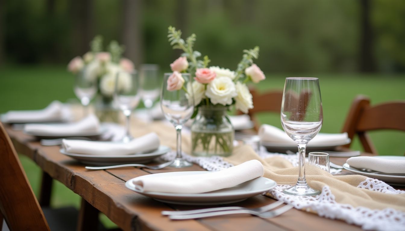 Eine rustikale Holztischdekoration mit zarten Stoffen und natürlichen Materialien für eine Hochzeitsfeier.