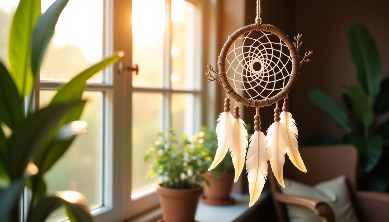 Ein selbstgemachter hölzerner Traumfänger hängt in einem gemütlichen, naturbelassenen Zimmer. Ein selbstgemachter hölzerner Traumfänger hängt in einem gemütlichen, naturbelassenen Zimmer.