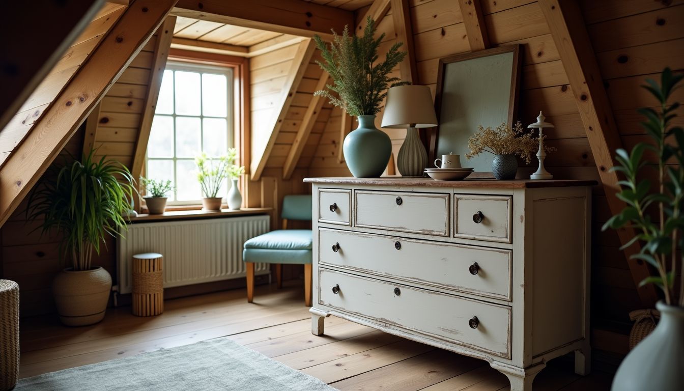 Ein umgestalteter antiker Holzschrank in gemütlichem Dachbodenambiente.