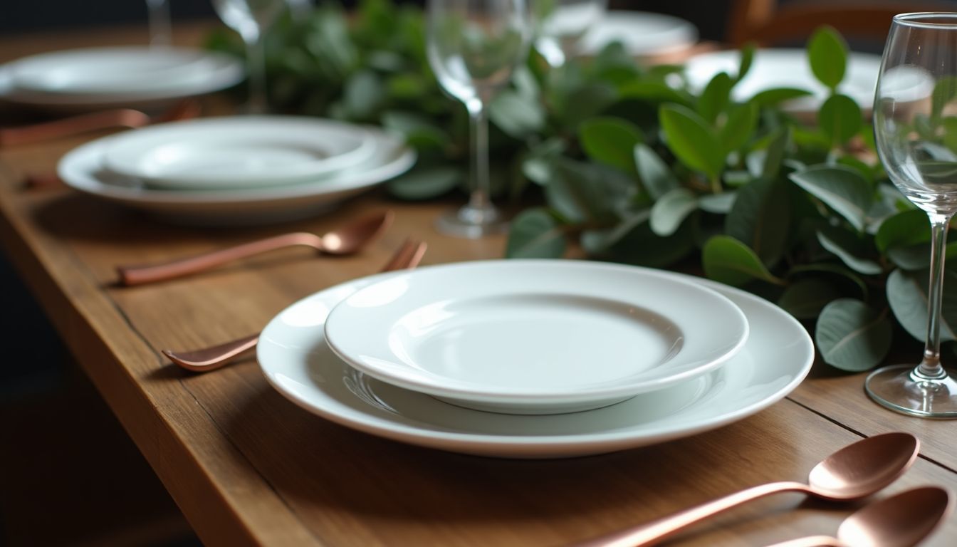 Ein rustikaler Esstisch ist mit elegantem Geschirr und grünem Blattwerk gedeckt.