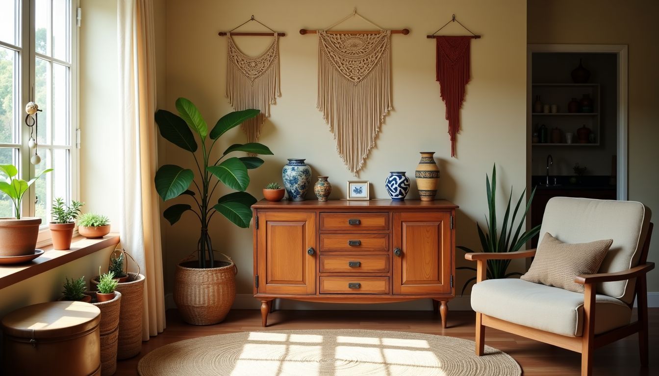 Ein gemütliches, eklektisches Wohnzimmer mit handgefertigten Möbeln und Dekoration.