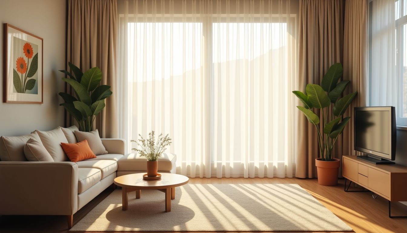 Ein gemütliches, helles Wohnzimmer mit sanften Farben und ruhiger Atmosphäre.