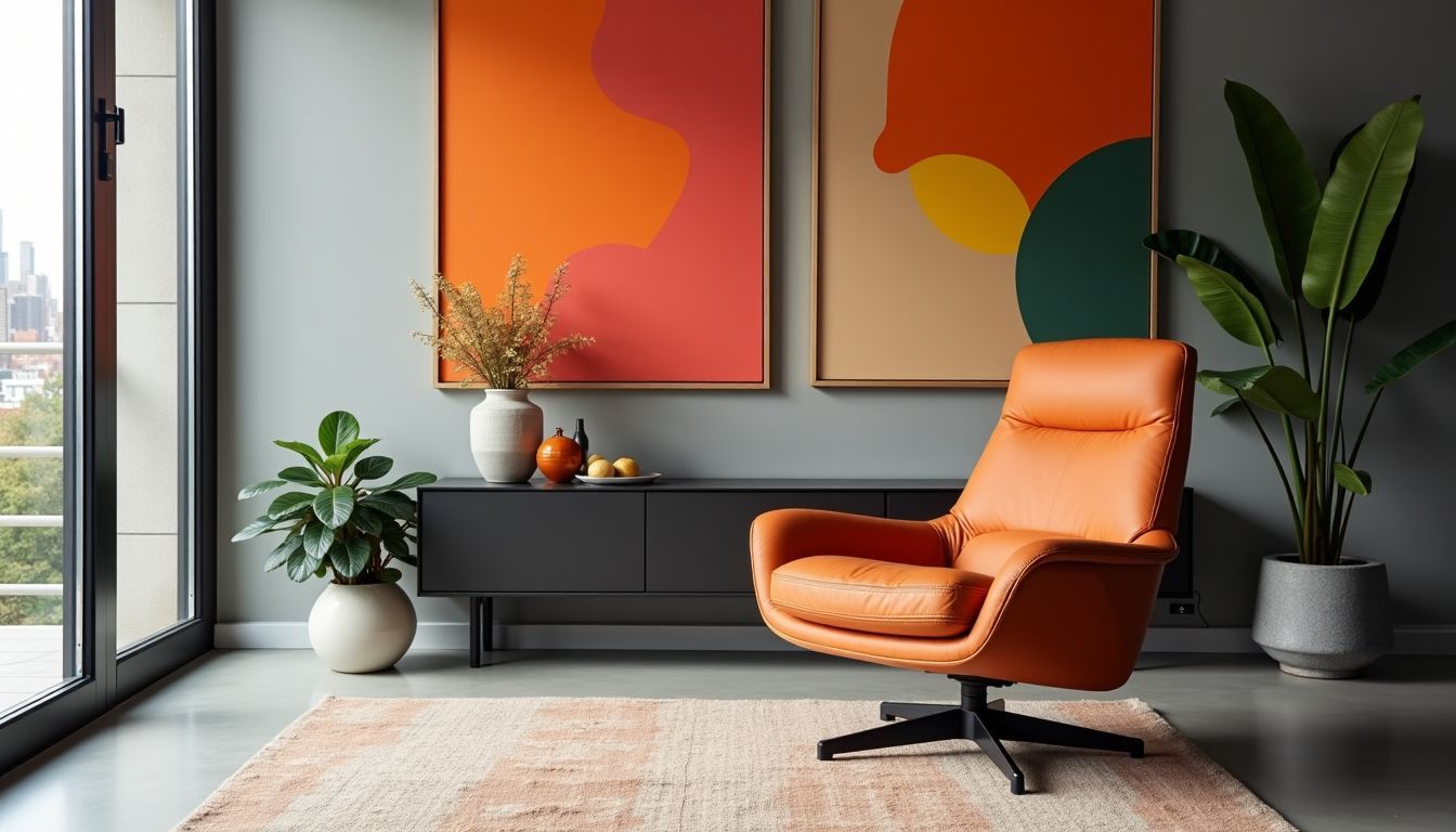 Ein moderner Designerstuhl in einem stilvollen Wohnzimmer mit künstlerischen Akzenten.